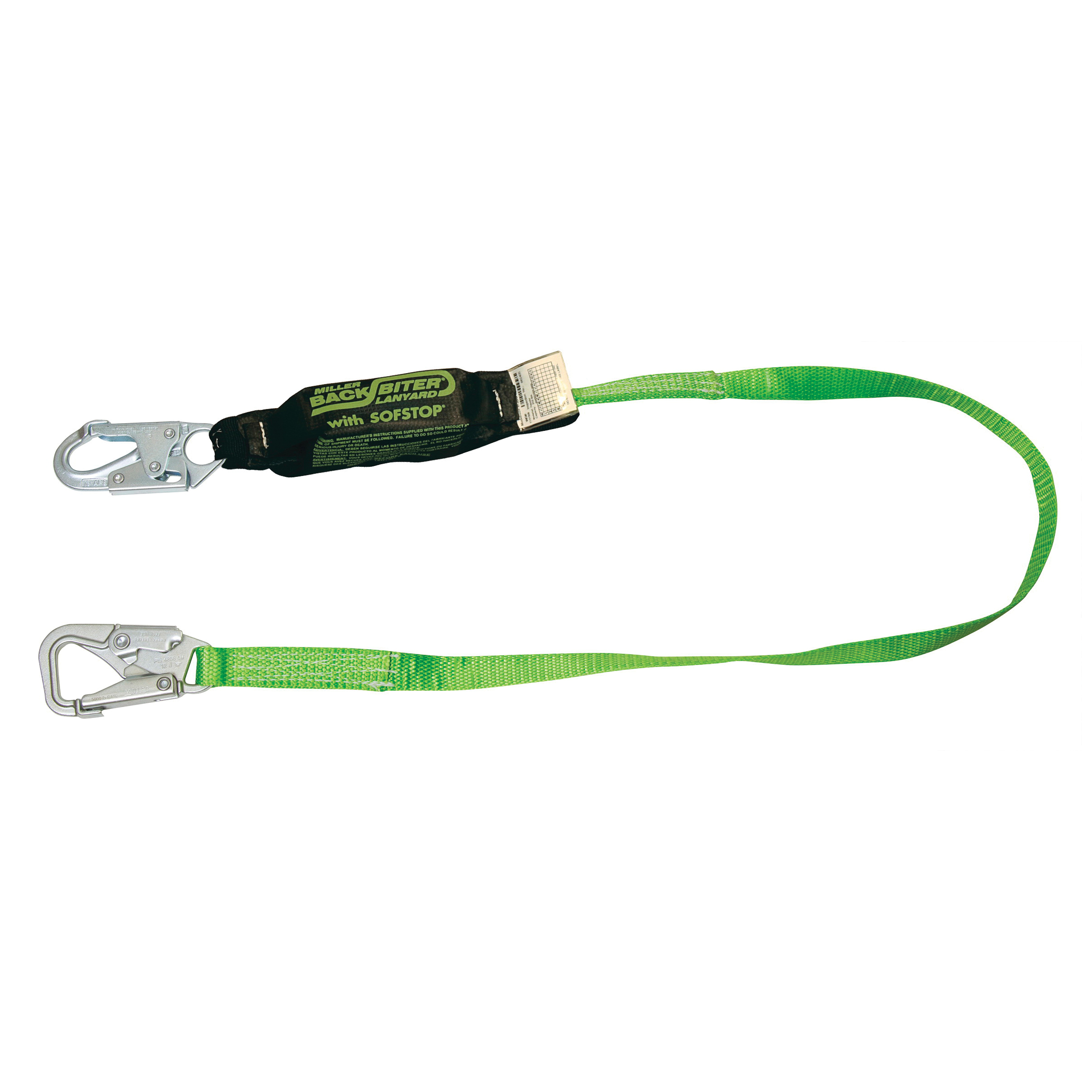 Shock Absorbing Lanyard, Tie-Back, 310 lb Load, 6 ft Length, Polyester Webbing Line, Steel Hardware, 1 Leg, Green, 1-3/8 in Strap Width, 5000 lb Tensile Strength, Snap Hook Anchorage Connection, 5/8 in Anchorage Hook Gate Opening, Snap Hook Harness Connection Hook, Specifications Met: ANSI Specified, CSA Certified, OSHA Approved