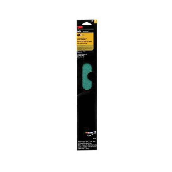 Coated Abrasive Sheet, Clip-On, 16-1/2 in Length, 2-3/4 in Width, 40 Grit, Aluminum Oxide Abrasive, Open Coat, Applicable Materials: Metal, Plastic Panel, Fiberglass Panel and Featheredging, Green