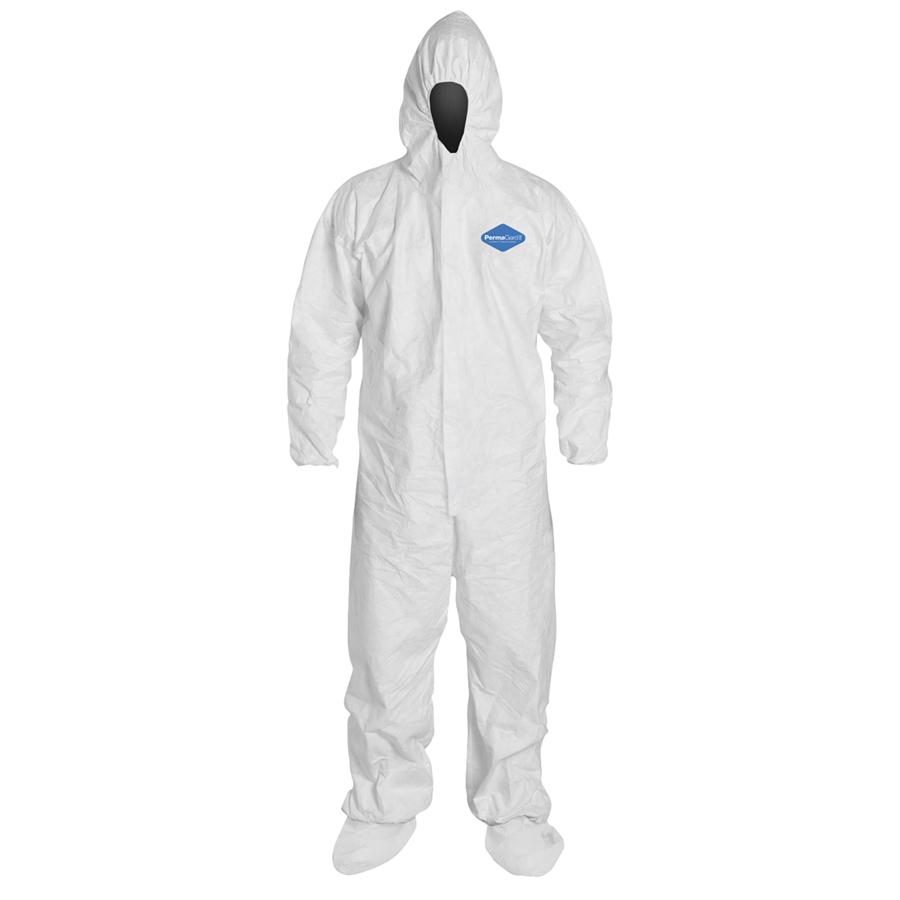 Coverall, Attached Hood, Series: E18122, XL Size, White, Polypropylene, Serged Seam, Front Zipper Closure