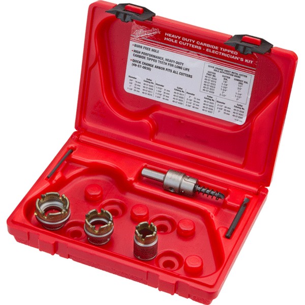 Electrician's Hole Saw Sheet Cutter Kit, Quick-Change, 5 Piece, Specifications: 3/16 in D Cutting, For Use With: 49-57-0035 and 49-57-0037 Quick-Change Arbor, Carbide Tip