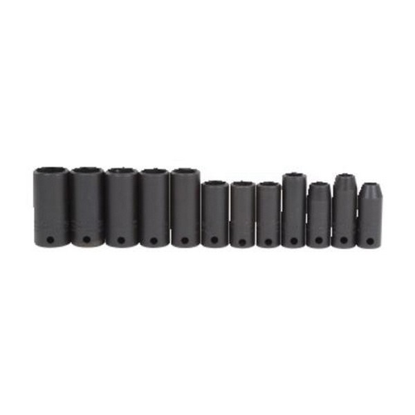 Socket Set, Deep Thin Wall, Yes Impact Rated, Measurement System: Metric, 12 Piece, 6 Points, 8 to 19 mm Included Socket Size, 3/8 in Drive, Square Drive, Alloy Steel, Black Oxide