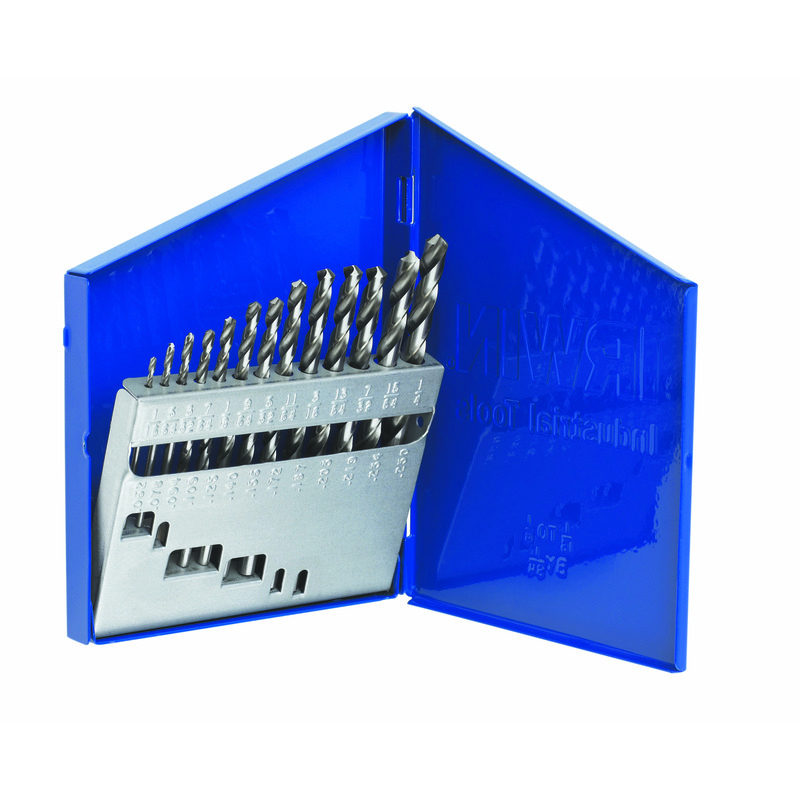 Jobber Length Drill Set, General Purpose, Imperial System of Measurement, 1/16 in Minimum Drill Bit Size, 1/4 in Maximum Drill Bit Size, 118 deg Drill Point Angle, 13 Piece, Specifications: Straight Shank, Right Hand Cut, HSS, Bright
