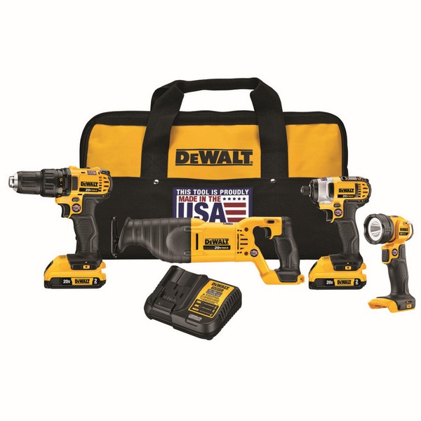 Cordless Combination Kit, 4-Tool, Tool/Kit: Kit, Drill/Driver, Impact Driver, Reciprocating Saw, Worklight, 20 VDC, Lithium-Ion, 2 Ah Battery, Contractor Bag Package, Black/Yellow