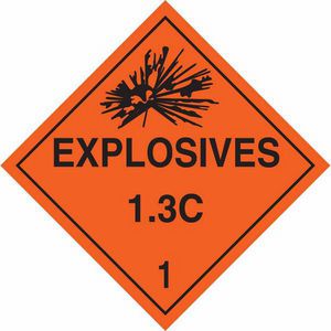 DOT Vehicle Placard Sign, Diamond, Legend: EXPLOSIVES 1.3C 1, Black on Orange Legend/Background, 10-3/4 Inch Height, 10-3/4 Inch Width, B-101 Polycoated Tagstock, Class: 1.3C
