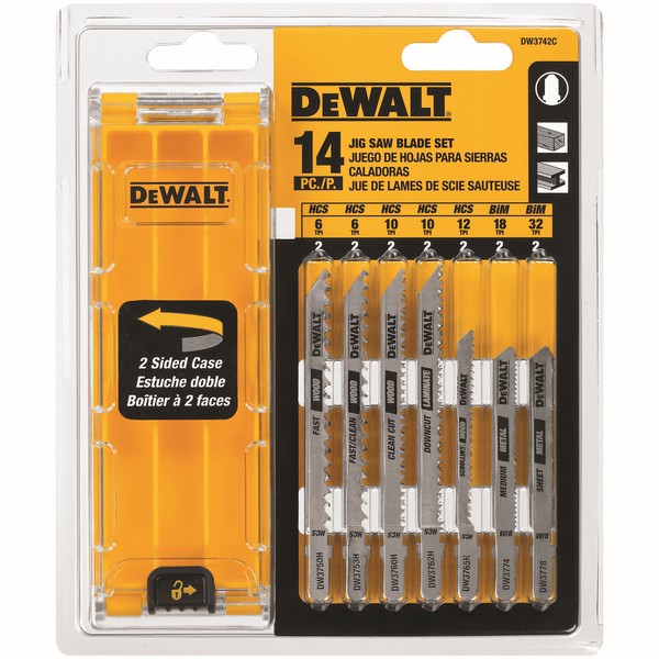 Jig Saw Blade Set, 14 Piece, Specifications: 3 to 5 in L x 0.3 to 0.39 in W x 0.04 to 0.05 in THK Blade, 6/10/12/18/32 TPI, Pointed Teeth, T-Shank, For Use With: Jig Saws, Bi-Metal