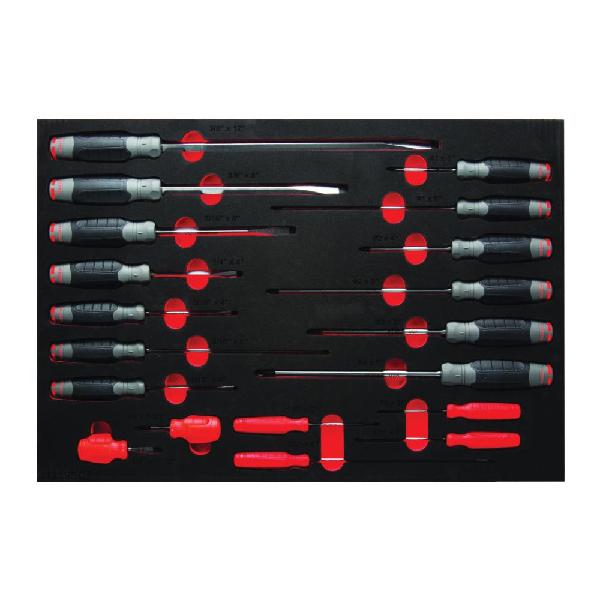 Screwdriver Set, Heavy Duty, Measurement System: Imperial, 19 Piece, Ergonomic Handle, Alloy Steel, Polished Chrome, Black/Gray/Red, 23 in W x 16 in D x 1-37/64 in H Dimensions
