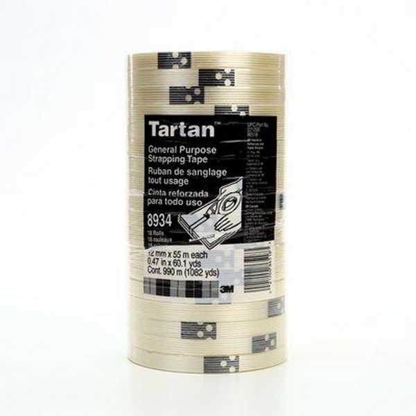 Filament Tape, High Strength, Series: 8934, 55 m Length, 12 mm Width, 4 mil Thickness, Fiberglass Yarn Filament, Clear, Synthetic Rubber Adhesive, Polypropylene Film Backing, 60 in-oz Adhesion Strength, 100 in-lb Tensile Strength, 80 °F Maximum Opera