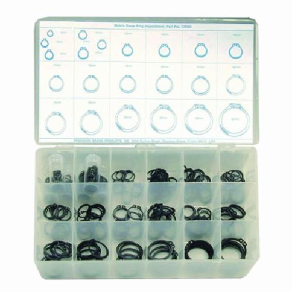 Snap Ring Assortment, Metric, 6 to 35 mm, 295 Piece, Spring Steel, Black Phosphate