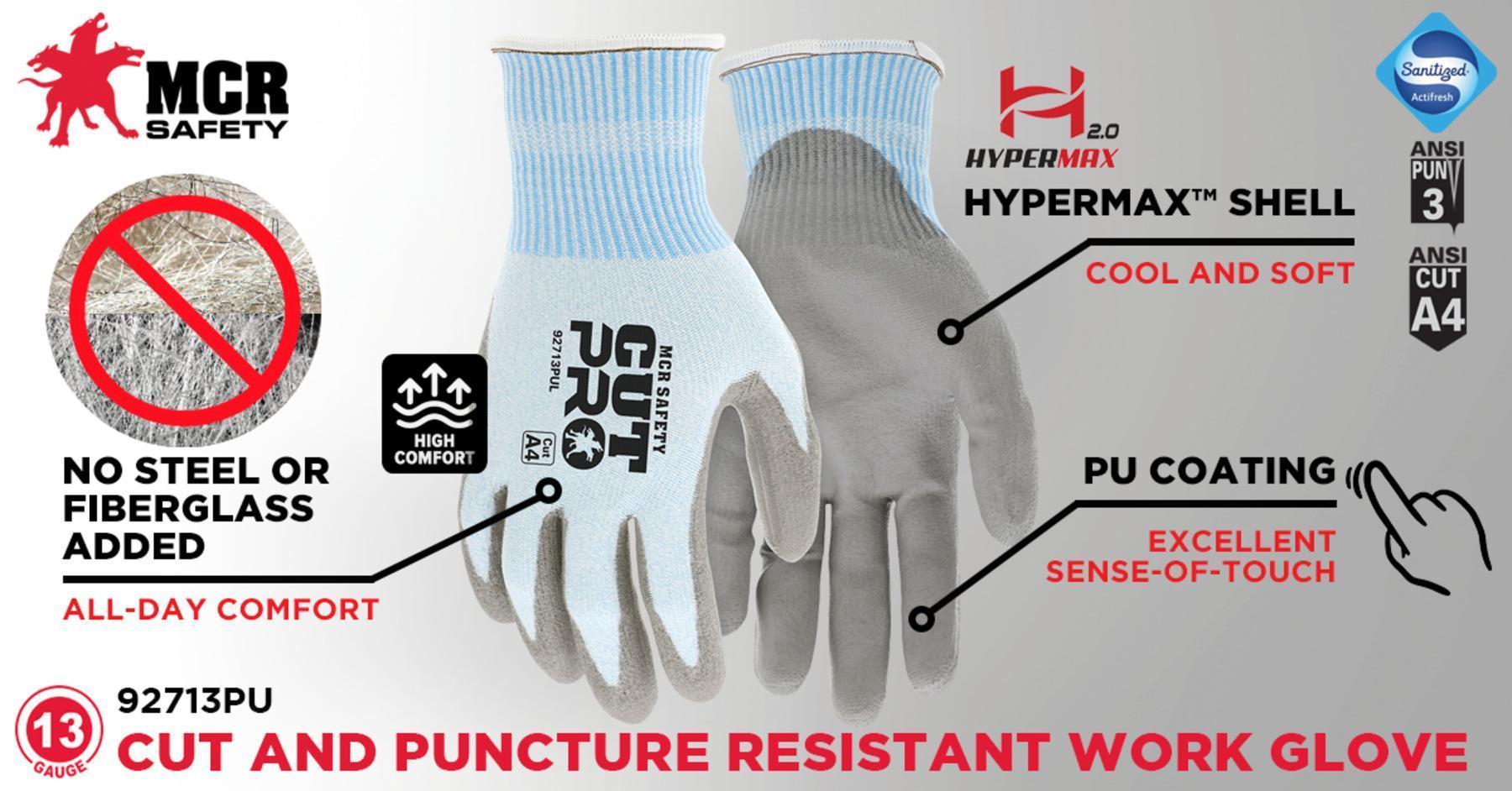 Work Gloves, XX-Large Size, Polyurethane Palm, HPPE/PU, Light Blue/Gray, Pair Hand, Unlined Lining, Knit Wrist Cuff, ANSI Cut-Resistance Level: A4, ANSI Puncture-Resistance Level: 3, Resists: Cut/Puncture