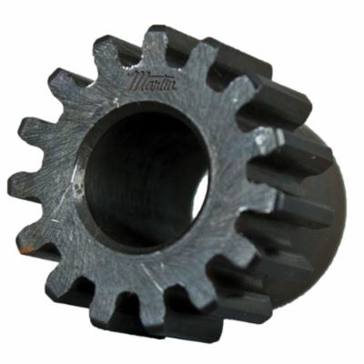 Stock Spur Gear, External Tooth Reborable, 1/4 Inch Bore Diameter, 0.666 Inch Outside Diameter, 14 Teeth, 24 Diametral Pitch, 0.583 Inch, 1/4 Inch Face Width, Type B, 0.469 Inch Hub Diameter, 0.313 Inch Hub Projection, 0.563 Inch Overall Length, 14.5° Pressure Angle, Steel