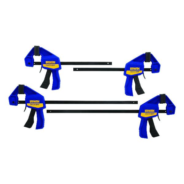Bar Clamp, 4-Piece Mini, 6 in, 12 in Clamping Capacity, 2-7/16 in Throat Depth, 8 in Spreading Range, 140 lb Clamping Pressure, Pistol Grip, Resin Handle, Carbon Steel Bar, Blue/Yellow