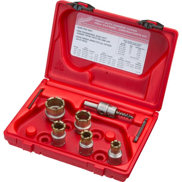 Contractor's Hole Saw Plate Cutter Kit, Quick-Change, 7 Piece, Specifications: 1/2 in D Cutting, 1/2 in Shank with 3-Flat, 1/4 in Dia x 2-3/4 in L Pilot Drill, For Use With: 49-57-0035 and 49-57-0037 Quick-Change Arbor, Carbide Tip