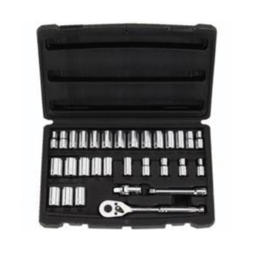 Ratchet Socket Set, Measurement System: Metric/Imperial, 1/4 in Drive, Pear Head Shape, 6, 12 Points, 30 Piece, Sockets Included: Yes, Specifications Met: ANSI Specified, Steel, Polished Chrome/Nickel Plated