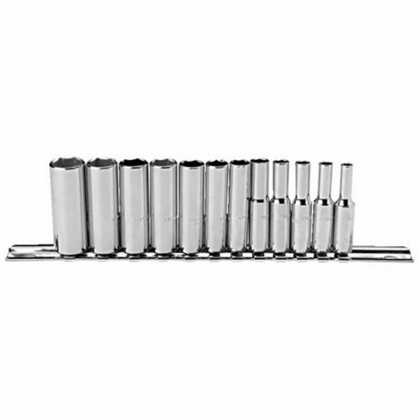 Socket Set, Measurement System: Metric, 12 Piece, 6 Points, Included Socket Size: 4 to 14 mm, 1/4 in Drive, Specifications Met: ASME B107.5M, Full Polished