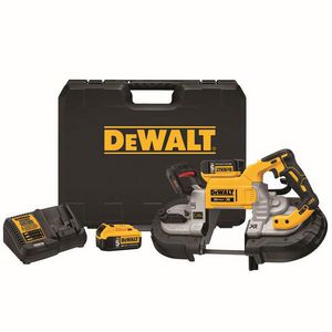 Cordless Band Saw Kit, Dual Switch, Cutting Capacity: 5 in, 44-7/8 in L Blade, 0 to 490 fpm Speed, 28.6 mm Stroke Length, 2900 spm Strokes per Minute, 20 VAC, Lithium-Ion Battery, 5 Ah Battery, Plastic Housing Material, D-Ring Handle, Black/Yellow, 2