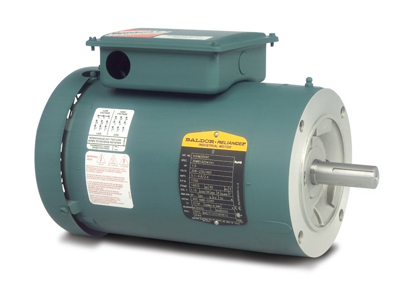 AC Motor, 1-1/2 HP, 208/230/460 VAC, 2.4/4.8/5.1 A, 60 Hz Frequency, 1755 RPM Speed, 1 Speed, Totally Enclosed Fan Cooled Enclosure, 56C Frame, 5/8 in Shaft, Reversible Rotation, 1.15 Service Factor, Ball Bearing, 4.42 ft-lb Torque, F3/Footless Mounting, 40 °C, Insulation Class: Class F, Steel, 13.23 in L Dimensions