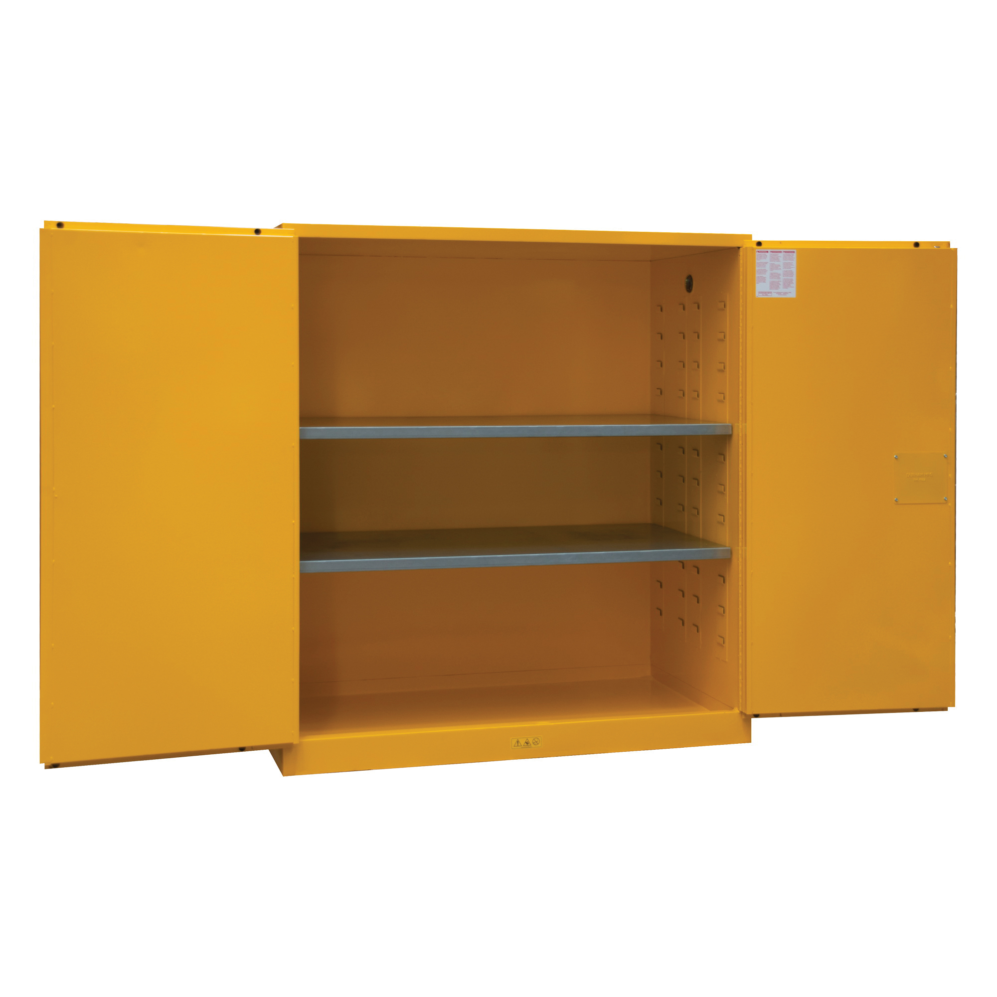 Flammable Storage Cabinet, Adjustable Shelf Standard, 120 gal, 65 in Height, 59 in Width, 34 in Depth, Manual Door, 2 Doors, 2 Shelves, Steel, Gloss/Powder Coated, Yellow, Recessed Paddle