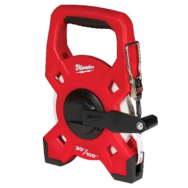 Fiberglass Open Reel Long Tape, Lockable, Measuring System: Imperial, 100 ft Blade Length, 1/2 in Blade Width, Fiberglass Blade, Graduations: Double Sided, Smooth Retraction Rewind, Open Reel Case, Plastic Case, Black/Red Case