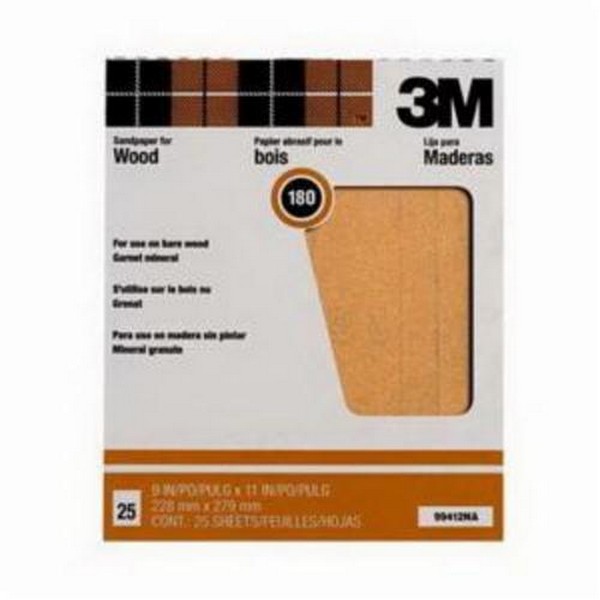 Coated Sanding Sheet, 11 Inch Length, 9 Inch Width, 180 Grit, Fine Grade, Garnet Abrasive, Applicable Materials: Bare Wood, A-Weight Backing Weight
