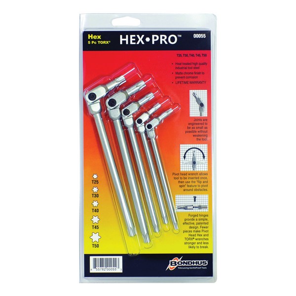Torx Wrench Set, Pivot Head, Measurement System: Torx®, 5 Piece, Torx® Drive, T25 to T50 Torx, L-Handle Handle , Tool Steel, Matte Chrome
