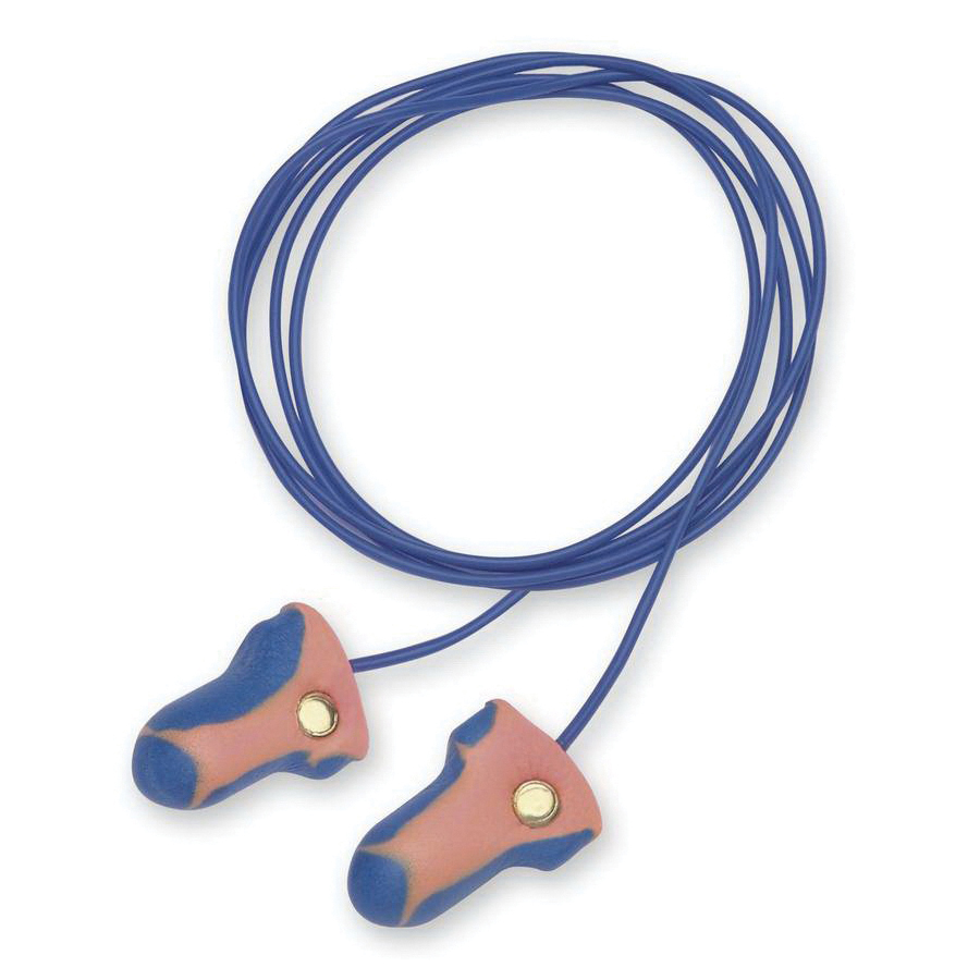 Earplugs, Metal Detectable, Series: Laser Trak®, Corded, 33 dB Noise Reduction Rating, T-Shape, Universal, Blue/Orange Plug, Polyurethane Foam Plug, Blue Cord, Polycord Cord, ANSI S3.19-1974 Specifications Met, Disposable Disposable/Reusable