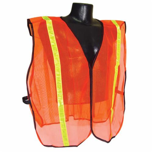 Safety Vest, Non-Rated, Series: SVO1, Universal Size, Hi-Viz Orange, Polyester Mesh, Green/Silver Stripe, Hook and Loop Closure, Specifications Met: ANSI Specified, OSHA Approved