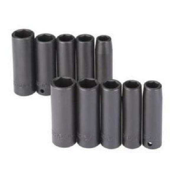 Impact Socket Set, Yes Impact Rated, Measurement System: Metric/Imperial, 10 Piece, 6 Points, 1/2 in Drive, Specifications Met: ASME Specified, Specifications: Square Drive, Alloy Steel, Black Oxide