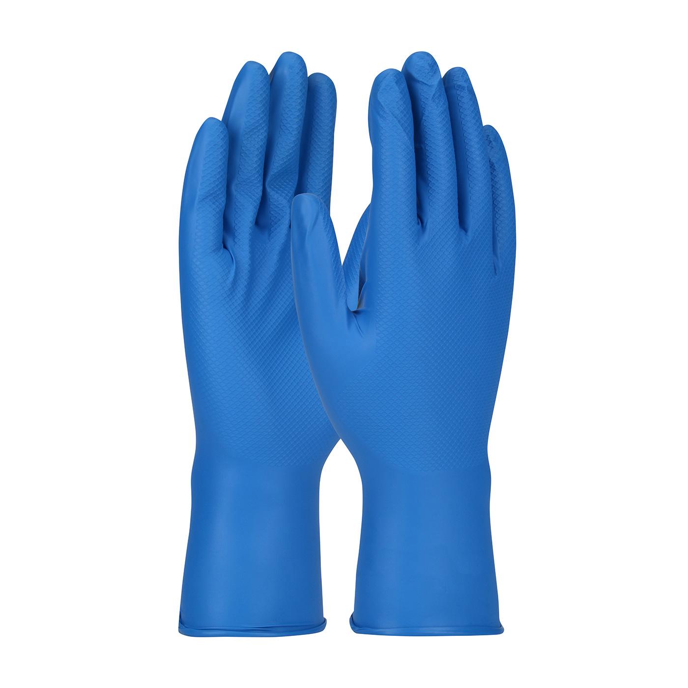 Gloves, Disposable, Series: 67-308, 4XL Size, Nitrile Palm, Blue, Textured Fish Scale Grip, Ambidextrous Hand, Superior Grade Application, Powder-Free, 12 in Length, 8 mil Thickness, Resists: Tear and Puncture