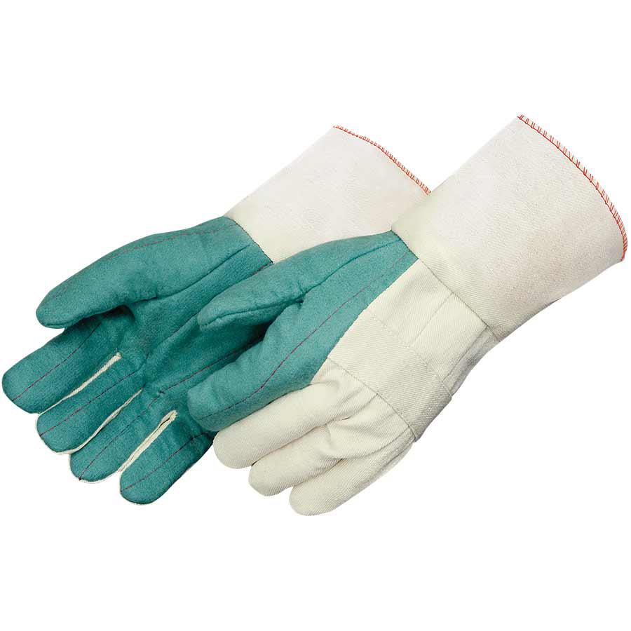 General Purpose Work Glove, Green/Natural White, Straight Thumb Style, Cotton Lining, Gauntlet Cuff