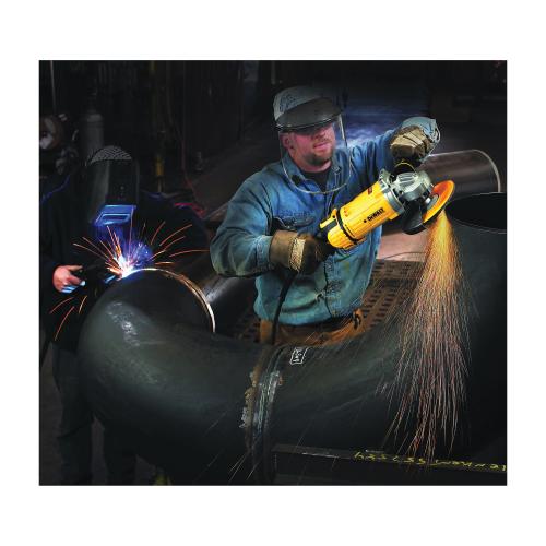 Angle Grinder, Large, Tool, Series: Protect™, 9 in Wheel Dia, 5/8-11 Arbor/Shank, 6500 RPM, 4.9 HP, 120 VAC, 15 A, Plastic Housing, 3-Position/Anti-Vibration/Side/Soft Grip Handle, Yellow, 8 ft Cord, Lock-Off Trigger Switch Control, Dust Management: