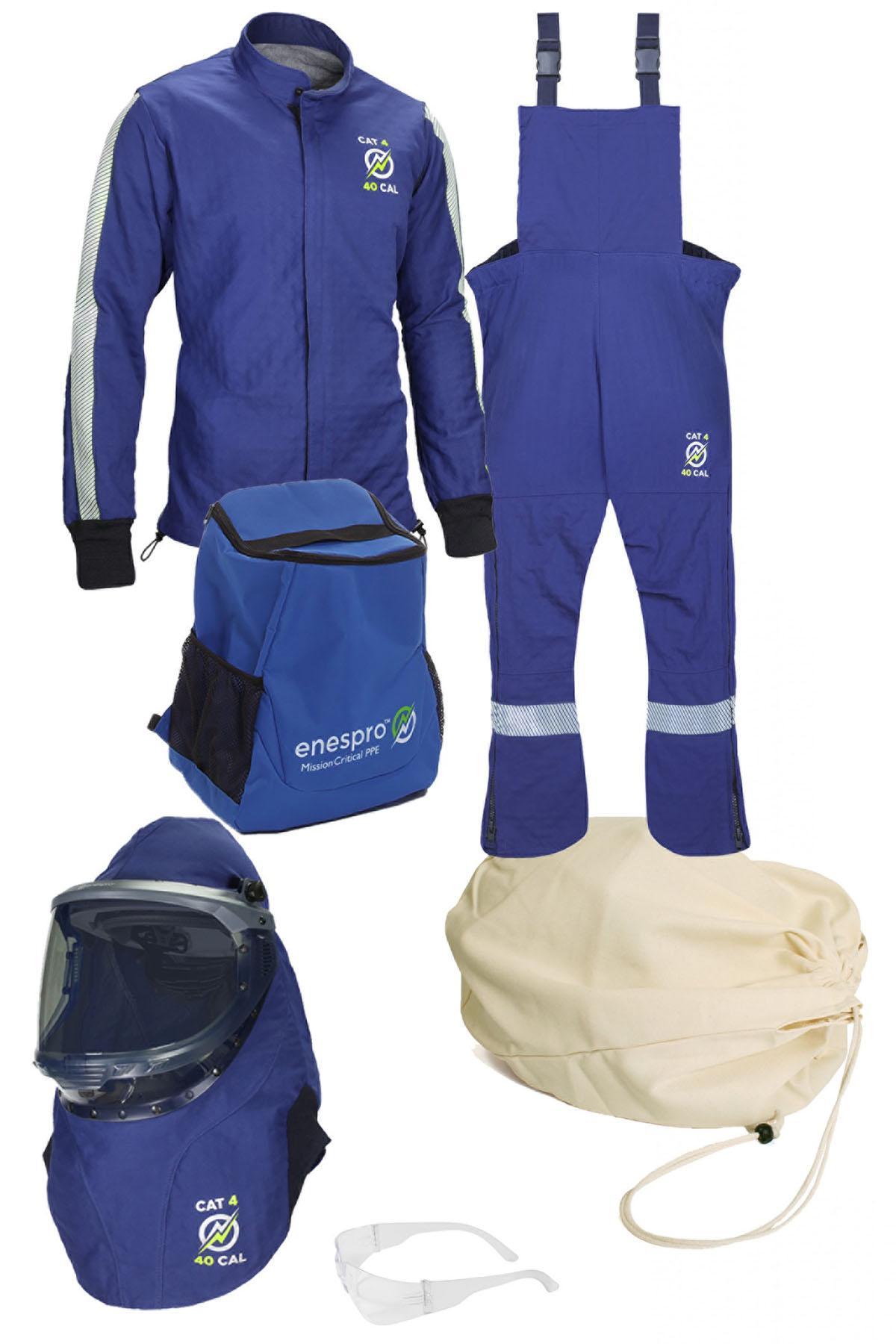 Arc Flash Kit with Lift Front Hood- No Gloves, Series: ARC40KITNG, Specifications: Zipper Closure, Bib Overall/Short Coat Garment, Rubber Voltage Glove, Faceshield Head/Face Protection, L Garment Size, 45 in Max Waist, 32 in Inseam Length, Navy