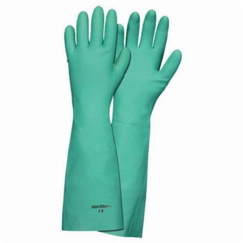Chemical-Resistant Gloves, Industrial Grade, Series: Nitri-Chem™ 5350, XL, Nitrile Palm, Nitrile, Green, Textured, Paired Hand, Standard Finger/Straight Thumb/Textured Grip, Unlined, Gauntlet/Straight Cuff, Support Type: Unsupported, Uncoated, 18 in