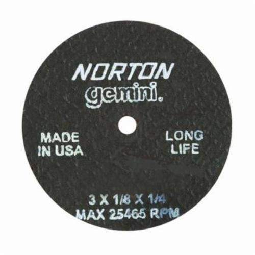 Cut-Off Wheel, Fast Cut Small Diameter, 3 in Wheel Dia, 0.035 in Wheel Thickness, 3/8 in Center Hole, 60 Grit, Medium Grade, Aluminum Oxide Abrasive, 25465 RPM Maximum, Resin Bond, Applicable Materials: 400 Series Stainless Steel, Hard Carbon Steel, Soft Carbon Steel and Ferrous Metals, Wheel Type Number: Type 1