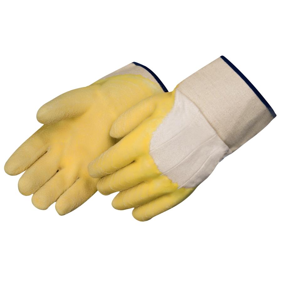 Gloves, Knit Glove, Rubber Palm, Cotton/Latex, Yellow, Grip Style, Jersey Lining, Safety Cuff, Resists: Chemical
