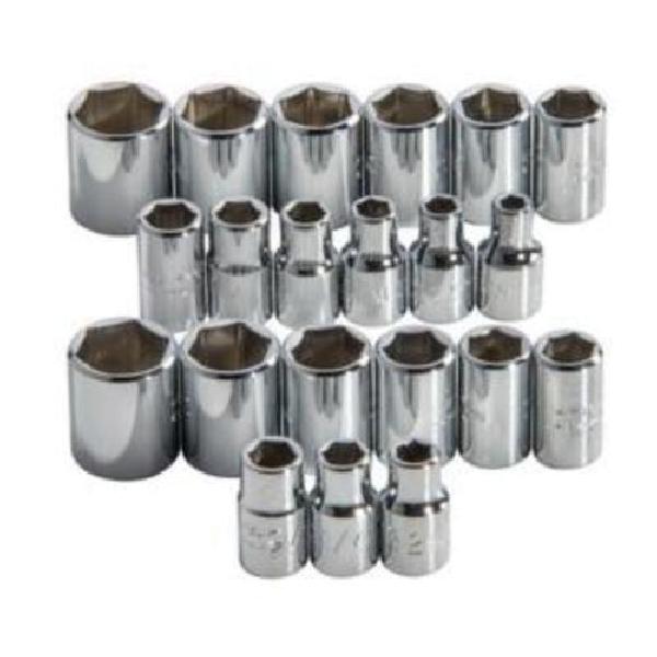 Combination Socket Set, Measurement System: Metric/Imperial, 22 Piece, 6 Points, 1/4 in Drive, Steel, Full Polished