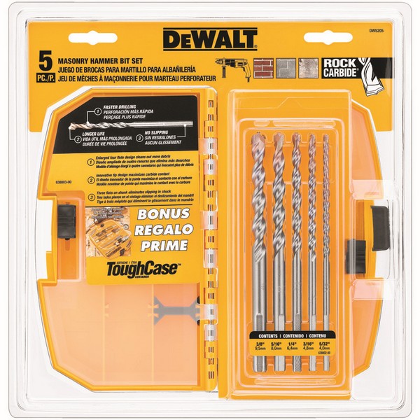 Percussion Drill Set, Imperial System of Measurement, 5/32 in Drill Bit Size, 5 Piece, Specifications: Round with Flats Shank, Rock Carbide Point, 4 Flutes, For Use With: Electric or Cordless Hammer Drill, Carbide, Bright