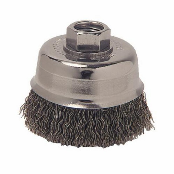 Cup Brush, 3 in Brush Dia, M10x1.25, Crimped Wire, 0.014 in Wire Dia, Carbon Steel Wire, 14000 RPM Max