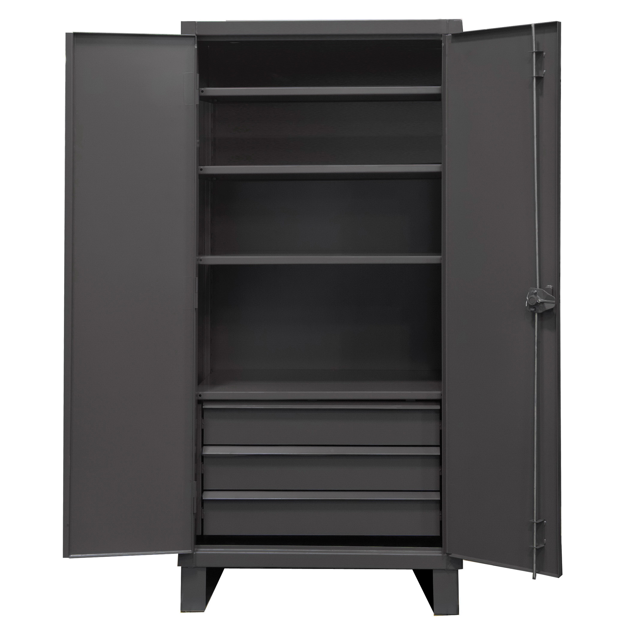 General Storage Cabinet, 24 Inch Overall Length, 36 Inch Overall Width, 78 Inch Overall Height, 2 Doors, 3 Shelves, 1900 lb Shelf, 33-15/16 Inch Width x 20-7/8 Inch Depth Adjustable Shelf, 3 Drawers, 12 ga Gauge Thickness, Swing, Padlockable Locking, Steel, Gray
