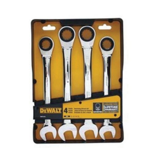 Combination Wrench Set, Jumbo Ratcheting, Metric System of Measurement, 4 Piece, Specifications: 15° Offset, Open End Drive, Alloy Steel