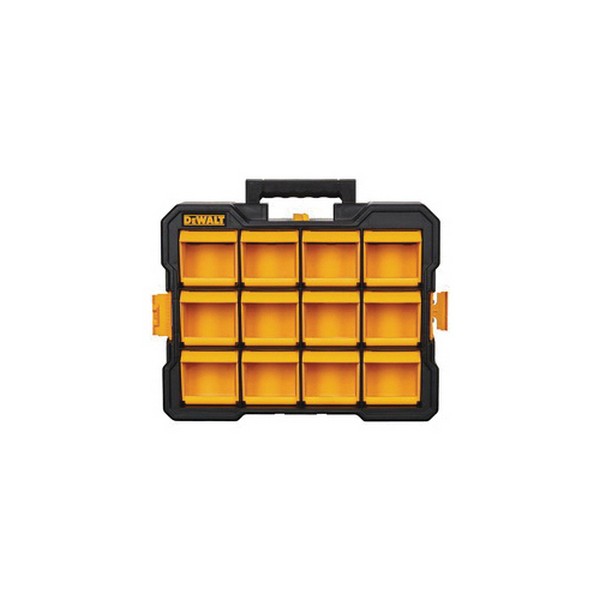 Flip Bin Organizer, 3-7/8 in Width, 17-3/4 in Depth, 13-7/8 in Height, 12 Compartments, 15 lb Capacity, Ergonomic Handle, Polycarbonate, Black/Yellow