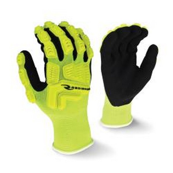 General Purpose Gloves, Series: RWG21, Dipped Palm Glove, XL Size, Foam Nitrile Palm, 13 ga Nylon With TPR, Black/Hi-Viz Yellow, Reinforced Thumb/String Knit Style, Seamless/Slip-On Cuff, Foam Nitrile Coating, Palm Coating Coverage, Elastic Closure,