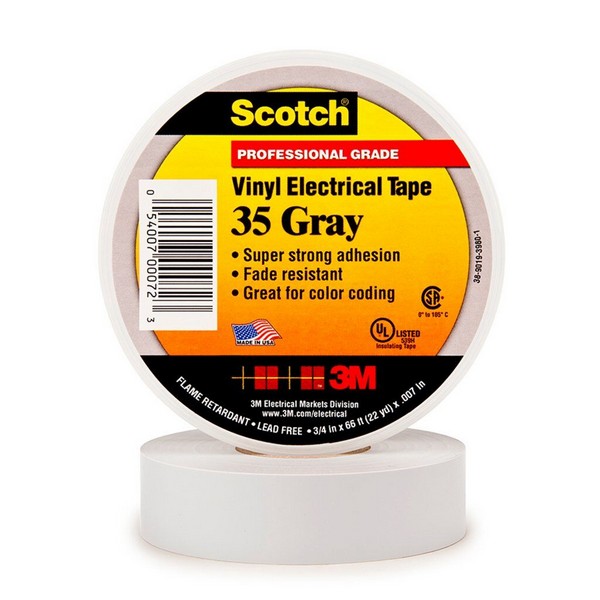 Electrical Tape, 1-Sided Premium Grade, 66 Foot Length, 3/4 Inch Width, 7 mil Thickness, PVC, Gray, Rubber Adhesive, PVC Backing, 20 in-oz Adhesion Strength, 600 VAC, 1250 V/mil Dielectric Strength, 17 in-lb Tensile Strength, 220 °F Maximum Operating