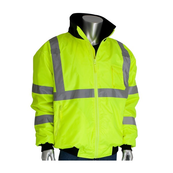 Bomber Jacket, Hi-Viz, Unisex, 4XL, Hi-Viz Lime Yellow, Polyester, 35 in Chest, 33 in Length, Zipper Closure, 5 Pockets, Resists: Water