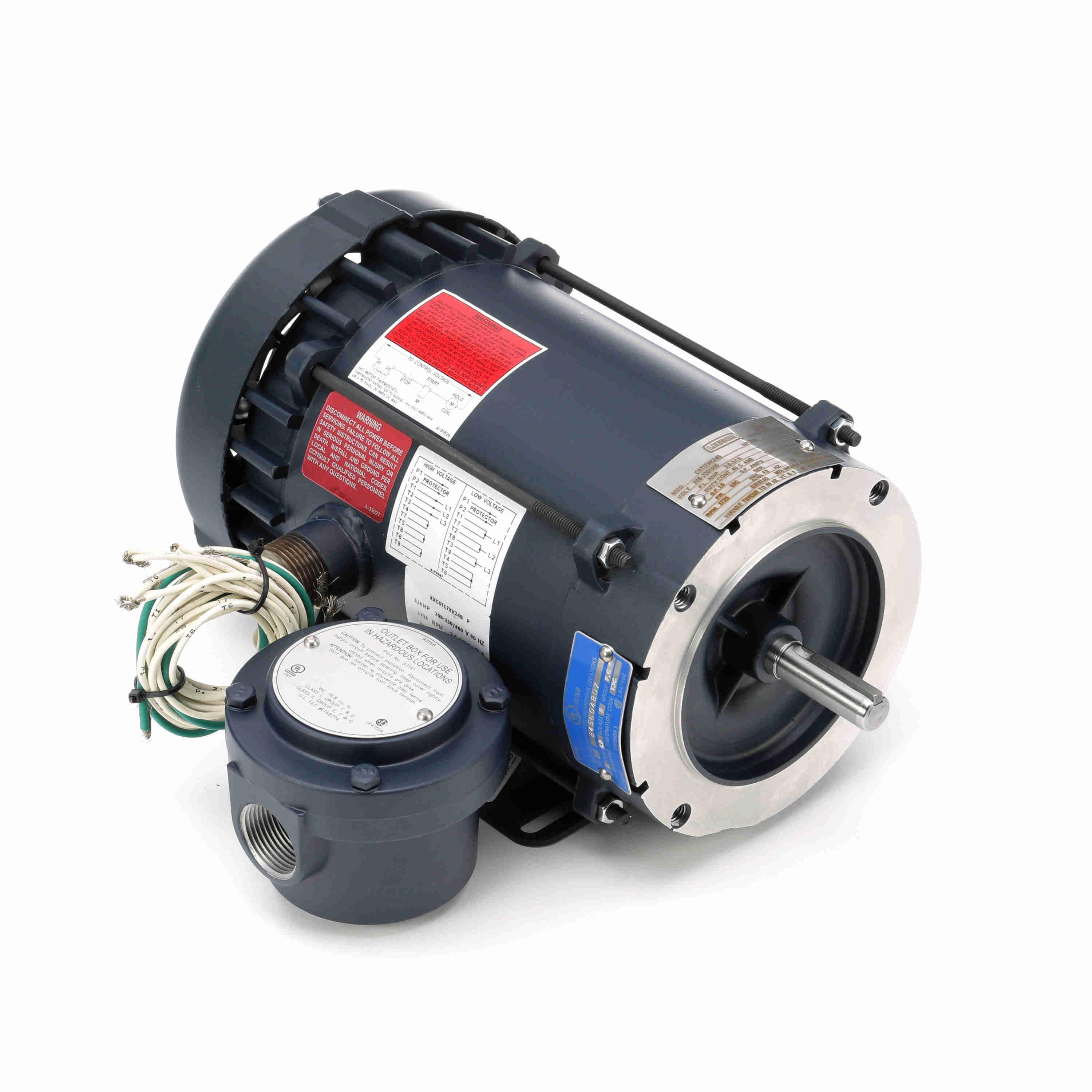 AC Motor, 0.75 HP, 208 to 230/460 V AC, 2.6 to 3/1.5 A, 60 Hz Frequency, 3 Phase, 1725 RPM Speed, 1 Speed, XPFC Enclosure, 56C Frame, 0.63 in Dia x 1.88 in L Shaft, Reversible Rotation, 2.28 ft-lb Torque, C-Face/Rigid Base Mounting, 40°C, Rolled Steel