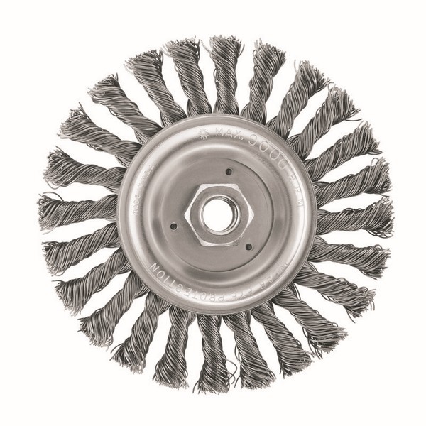 Wire Wheel Brush, 6 in Diameter Brush, 5/8 in Face Width, 5/8-11 Arbor Hole, Twisted Wire Filament/Wire, 0.02 in Dia Filament/Wire, Carbon Steel Fill, 1-1/4 in Trim Length, 6000 RPM Maximum