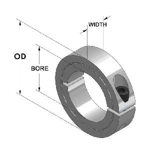 Clamping Collar, Industry Standard, Series: 1C Series, 1-Piece Split Construction, 1 in ID, 1-3/4 in OD, 1/2 in Width, Hex Socket Cap Screw Screw Style, 1/4-28 UN-3A x 5/8 in Screw, Aluminum, Plain