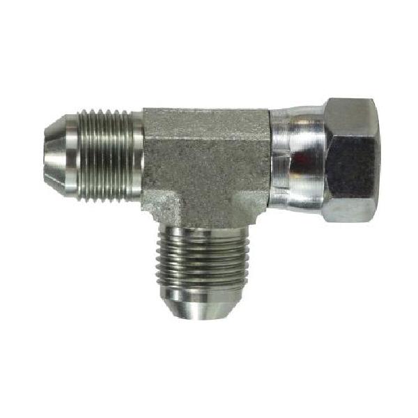 Swivel Run Tee, 3/4-16 Nominal, Male JIC Flare x Female JIC Flare, Steel, Domestic