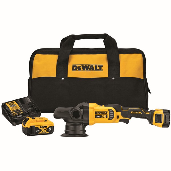 Polisher Kit, Cordless Random Orbit, 5 in Pad Diameter, 2000 to 5500 opm Speed, 20 VDC, Lithium-Ion Battery, 5 Ah Battery, In-Line Handle, Variable Speed Trigger Control, No Reversible