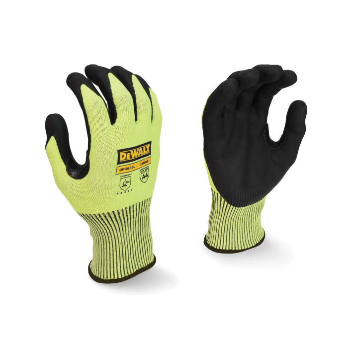 Cut Gloves, Series: DPG855T, Foam Nitrile Palm, 13 ga HPPE/Fiberglass, Hi-Viz Green, Reinforced Thumb Saddle Style, Knit Wrist Cuff, ANSI Cut-Resistance Level: A4, ANSI Puncture-Resistance Level: 5, Resists: Abrasion, Cut, Oil, Puncture, Tear and Water