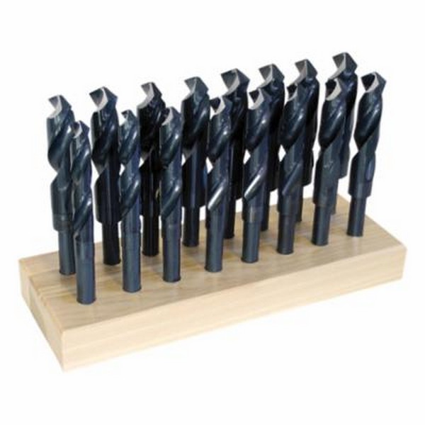 Silver and Deming Drill Set, Series: 190, Imperial System of Measurement, 17/32 in Minimum Drill Bit Size, 1 in Maximum Drill Bit Size, 118 deg Drill Point Angle, 16 Piece, Specifications: 1/2 in Reduced Round Shank, Radial Point, Right Hand Cut, Spi